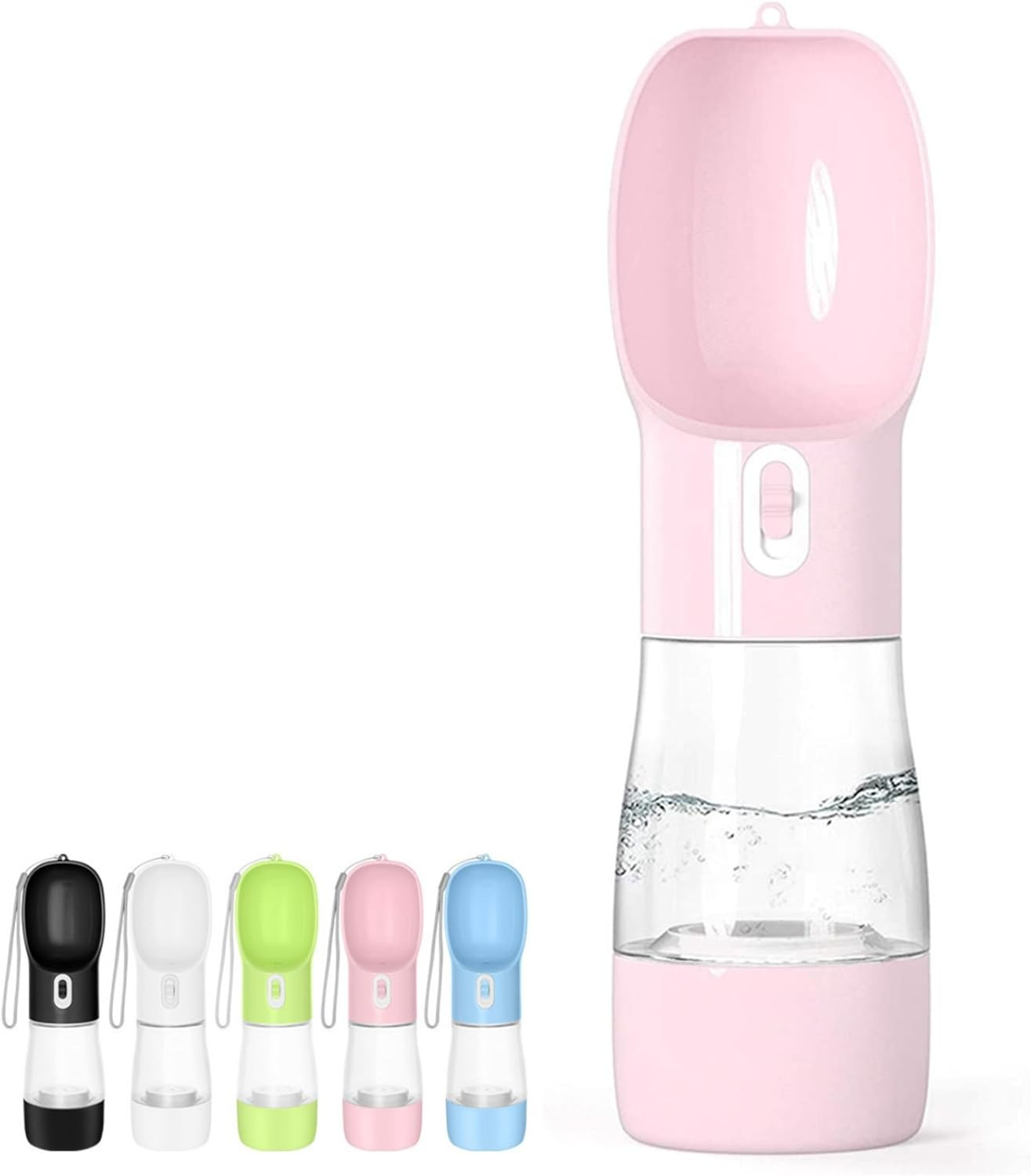 Portable dog water bottle with integrated bowl in pink, showing all available colours including black, white, green, pink and blue