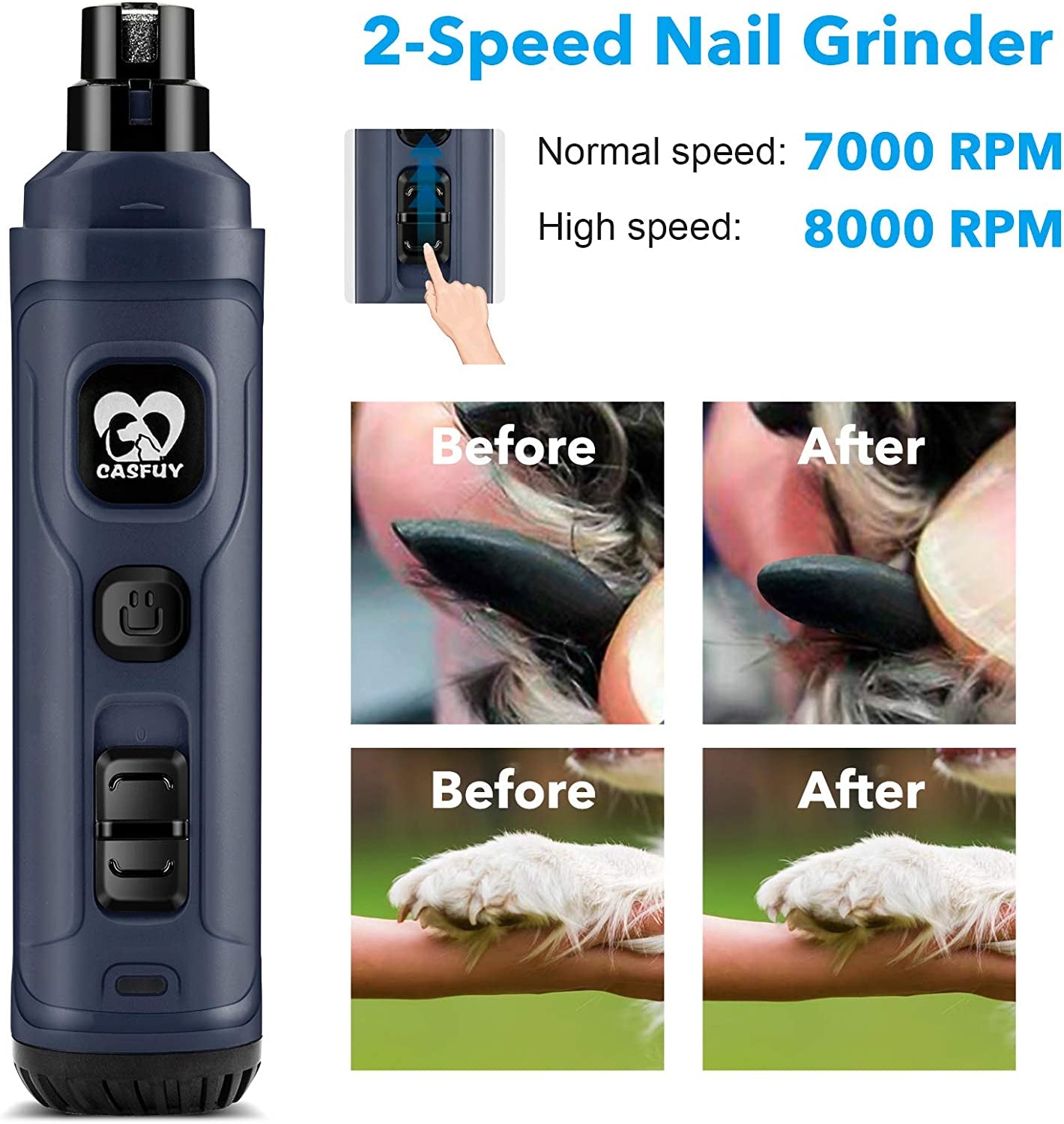 Professional Electric Dog Nail Grinder with Dual LED Lights - Updated 2-Speed Quiet Trimmer for Painless Grooming of Small, Medium, and Large Dogs and Cats (Blue)