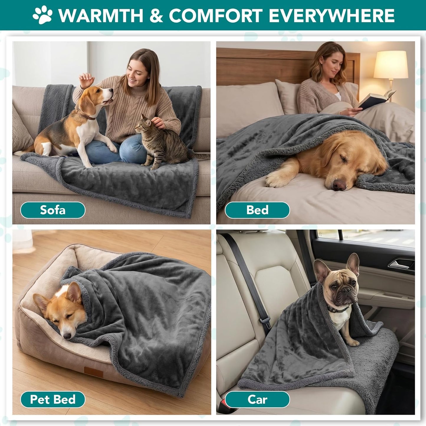 Reversible Soft Sherpa Fleece Dog Blanket for Medium to Large Pets, Plush Couch Cover and Car Seat Protector, Machine Washable, 80x60, Solid Dark Gray
