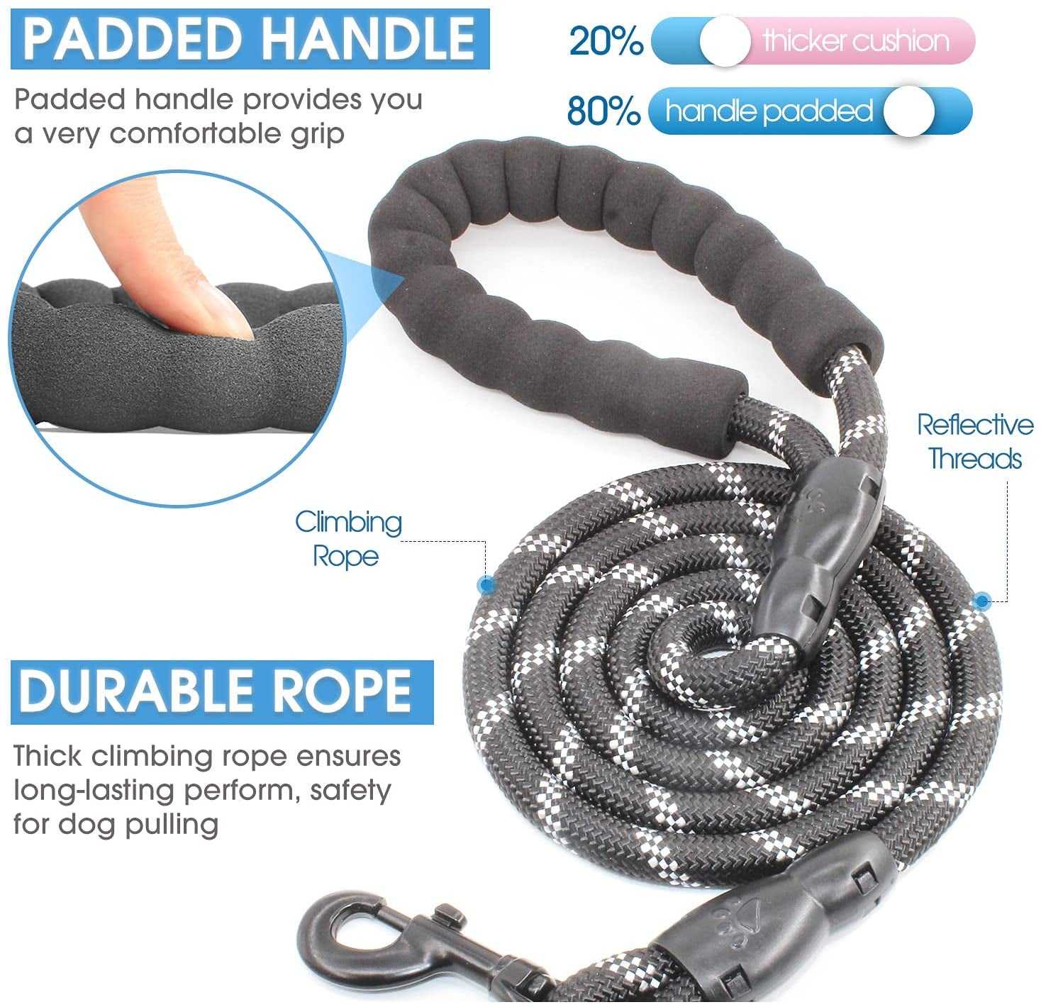 Dog Leash with Padded Handle and Reflective Threads for Small, Medium, and Large Dogs - Available in 2/4/5/6 FT Lengths (5FT-1/2'', Black)