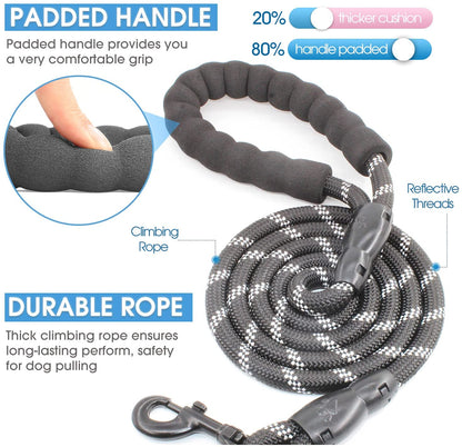 Dog Leash with Padded Handle and Reflective Threads for Small, Medium, and Large Dogs - Available in 2/4/5/6 FT Lengths (5FT-1/2'', Black)
