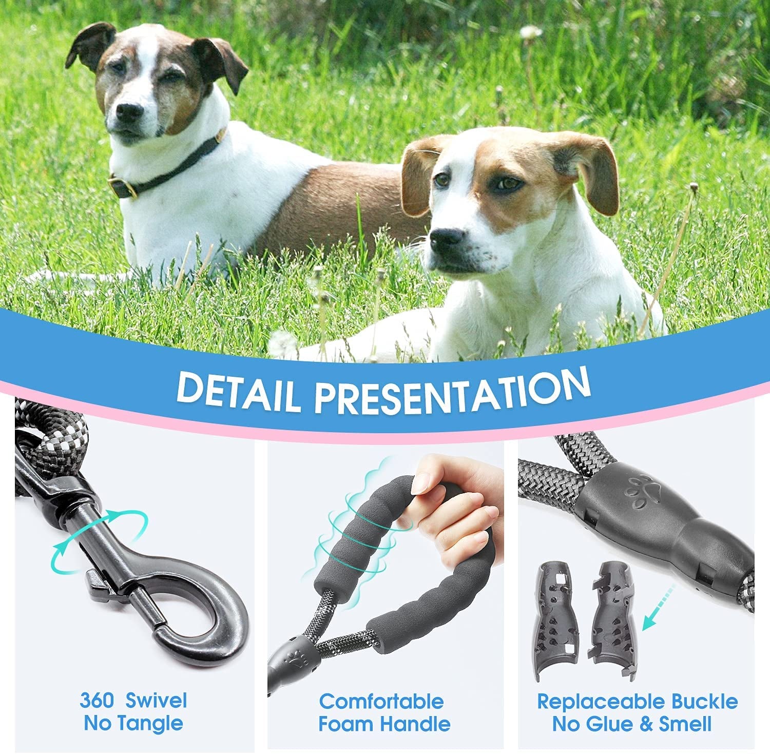 Dog Leash with Padded Handle and Reflective Threads for Small, Medium, and Large Dogs - Available in 2/4/5/6 FT Lengths (5FT-1/2'', Black)