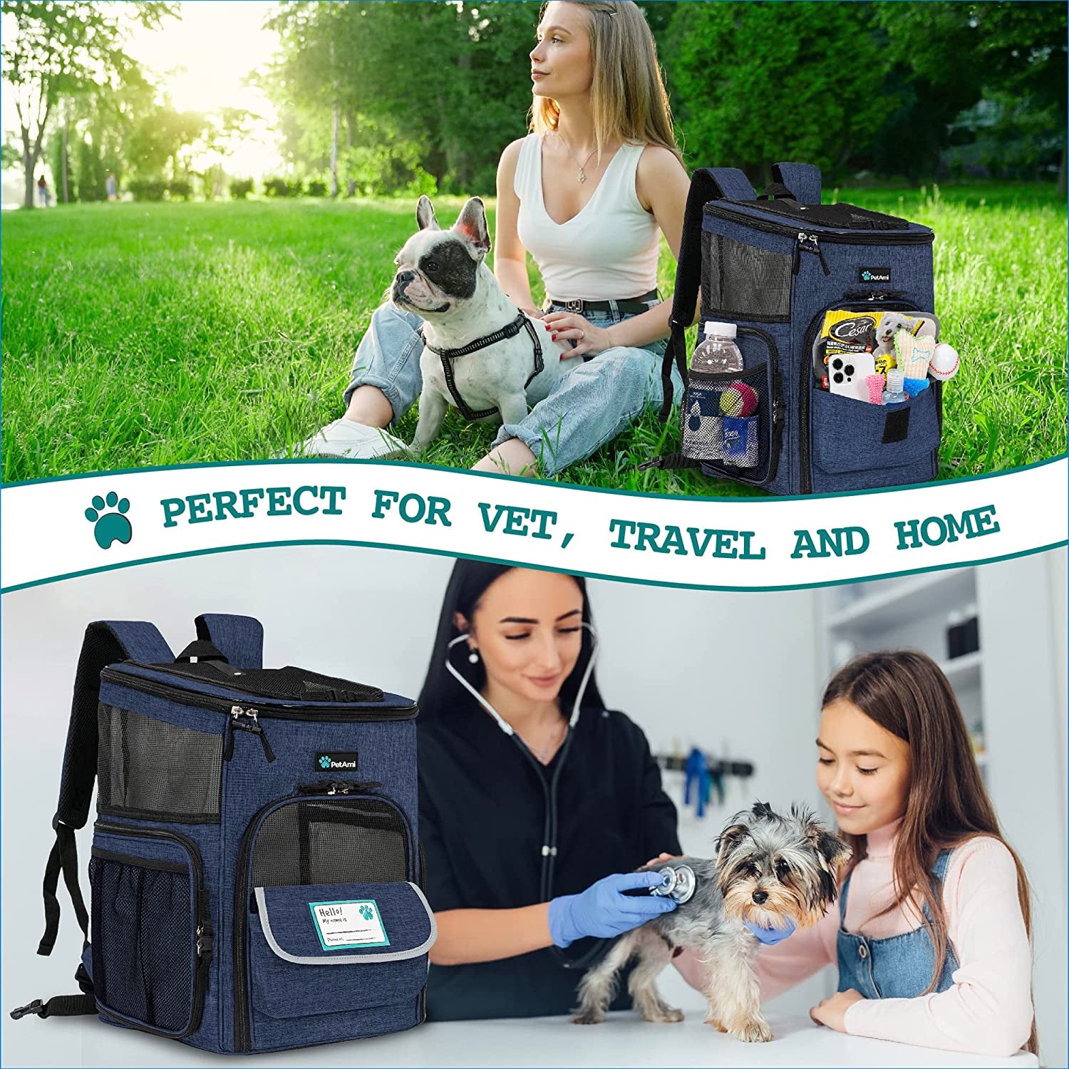 Professional Dog and Cat Backpack Carrier, Airline Approved with 4-Way Entry, Ventilated Mesh Design, Collapsible for Small Pets up to 18 lbs, Ideal for Hiking, Travel, and Vet Visits, Navy Blue