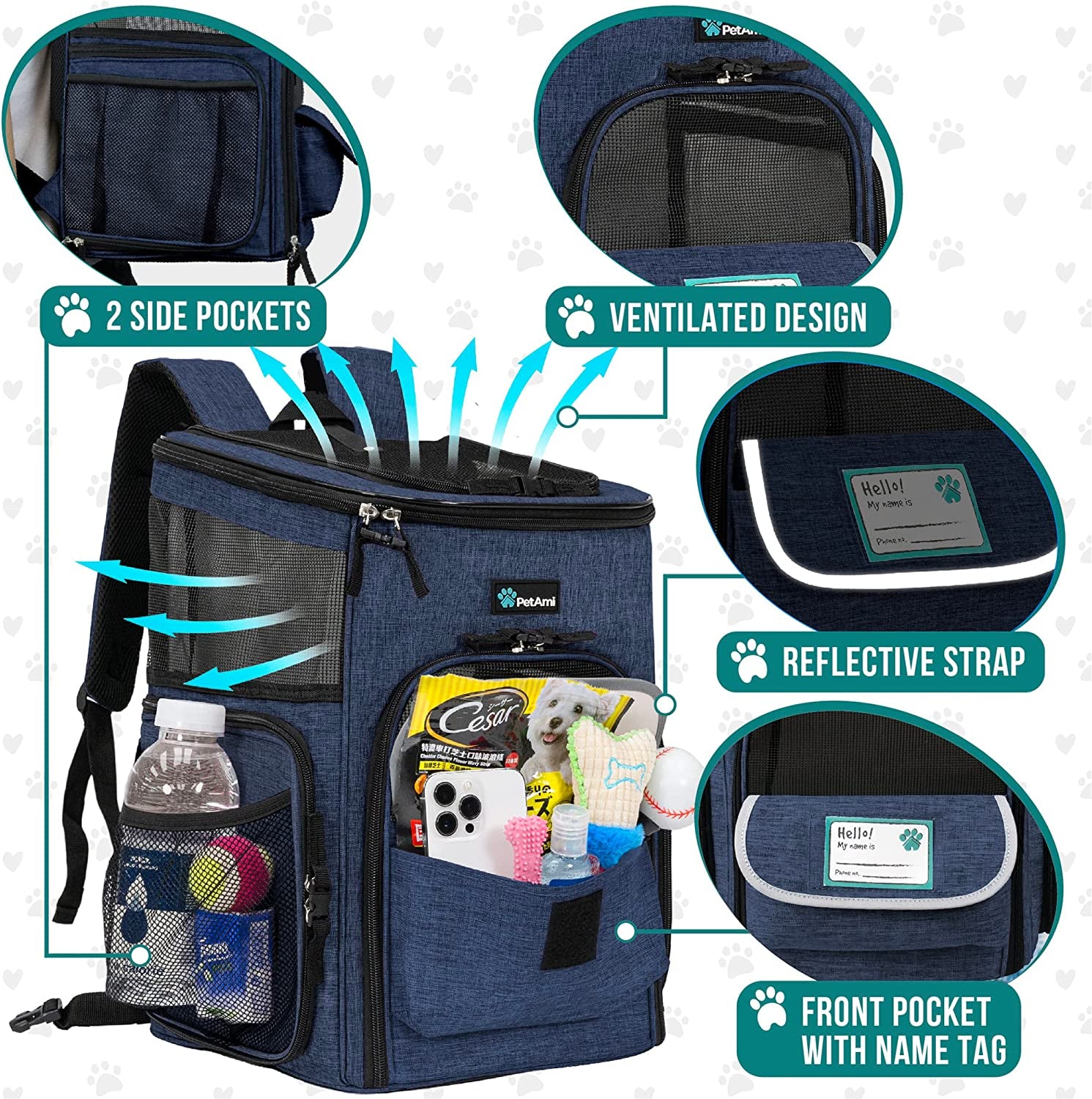 Professional Dog and Cat Backpack Carrier, Airline Approved with 4-Way Entry, Ventilated Mesh Design, Collapsible for Small Pets up to 18 lbs, Ideal for Hiking, Travel, and Vet Visits, Navy Blue