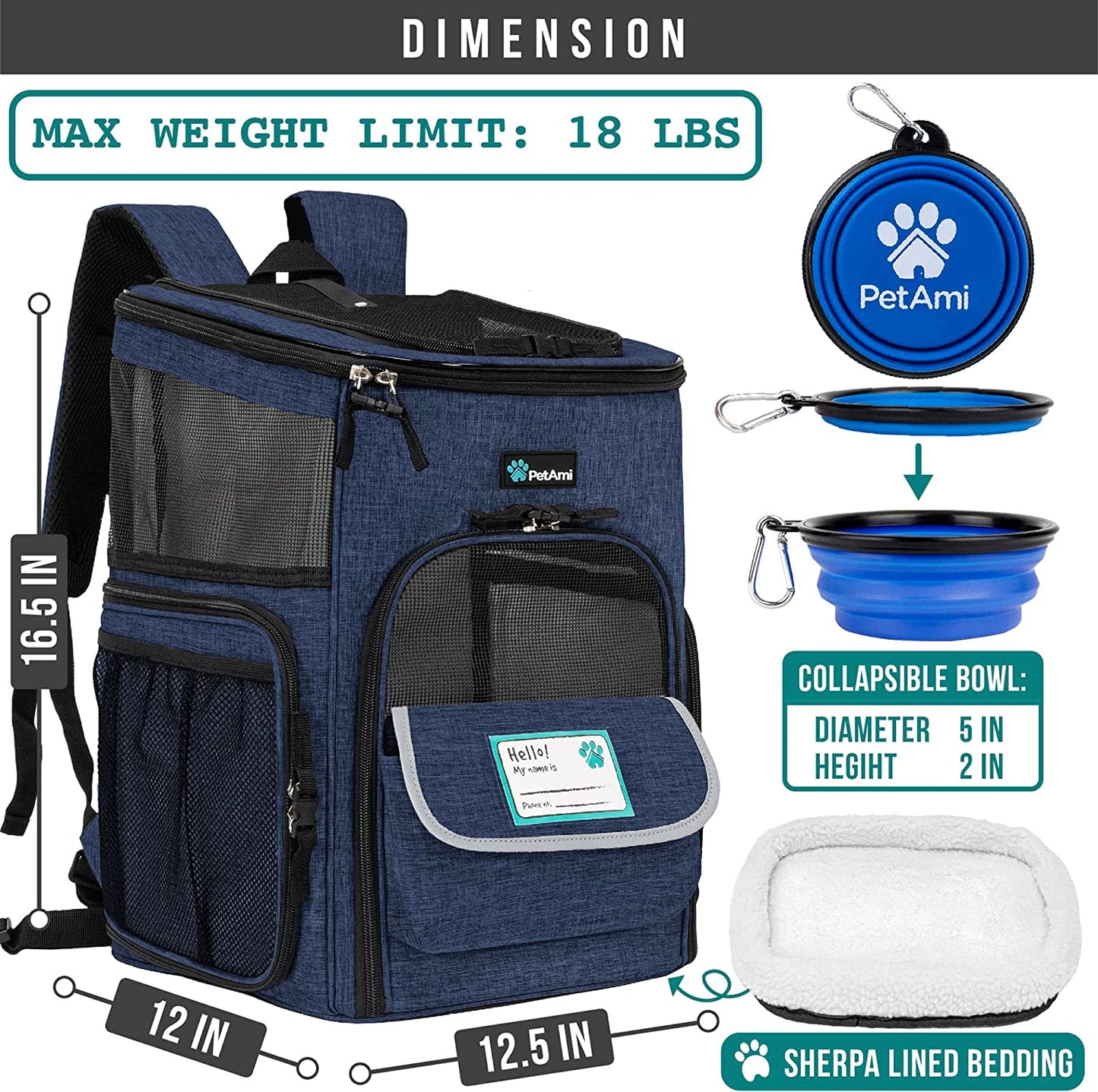 Professional Dog and Cat Backpack Carrier, Airline Approved with 4-Way Entry, Ventilated Mesh Design, Collapsible for Small Pets up to 18 lbs, Ideal for Hiking, Travel, and Vet Visits, Navy Blue