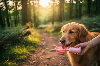 Pink portable dog water bottle being used on a hiking trail with a golden retriever drinking from the bowl attachment